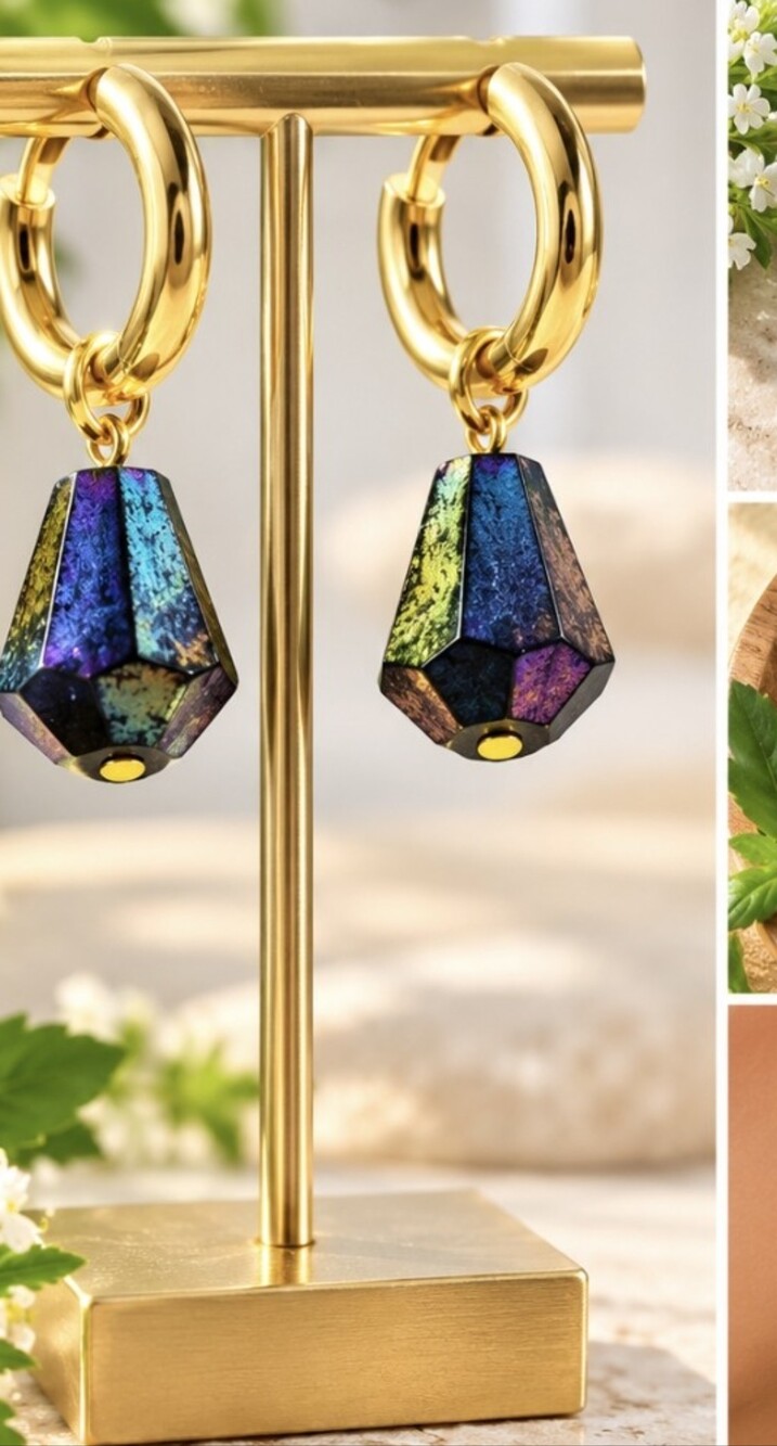 18k Gold Plated Hoop Earrings with Multicolor Iridescent Gem Drop